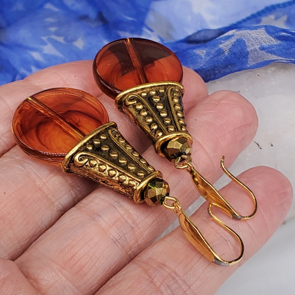 ❤️ Dangling Gold Earrings Resin Amber Honey Color Beads Hypoallergenic Hooks - Picture 8 of 11
